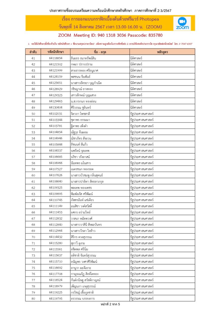 รายชื่ออบรมเตรียมความพร้อม Photopea