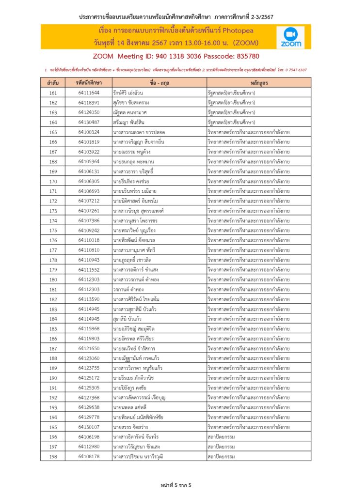 รายชื่ออบรมเตรียมความพร้อม Photopea